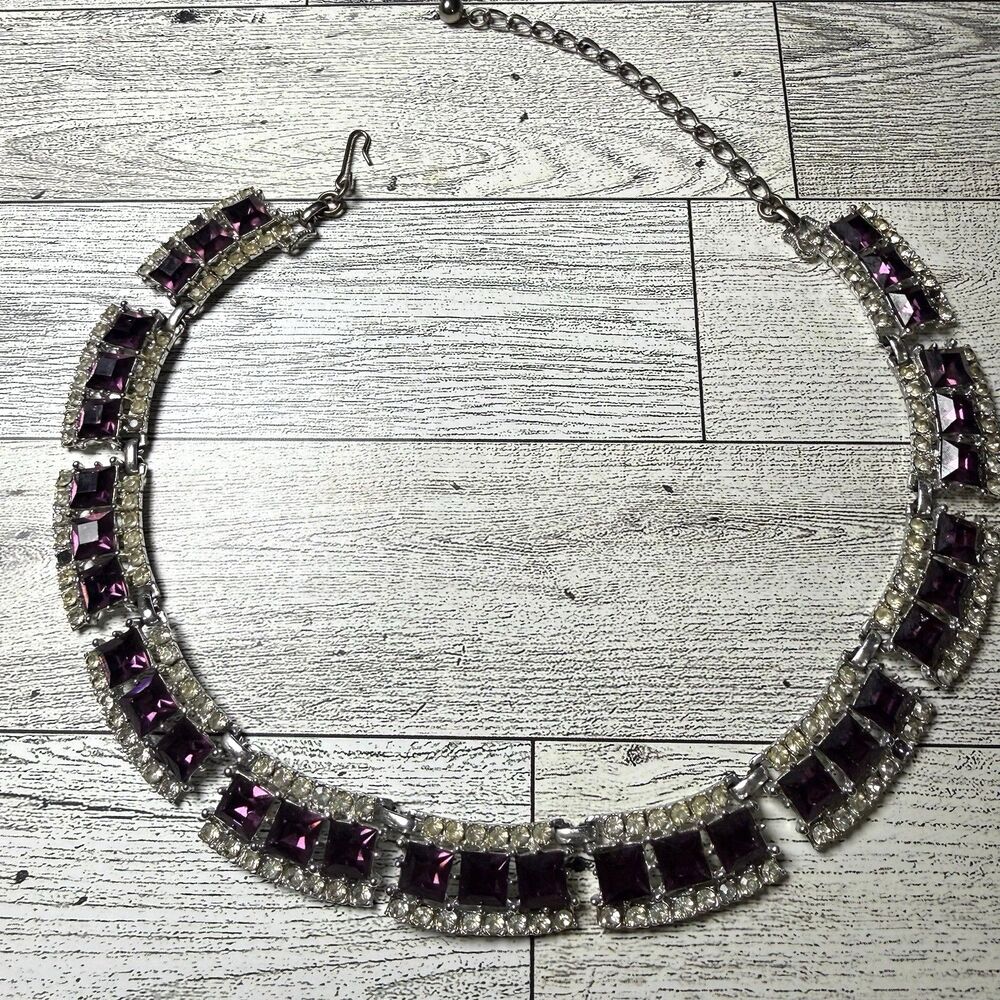 Vintage Purple Square Foil Back Rhinestone Choker Necklace Missing Rhinestones